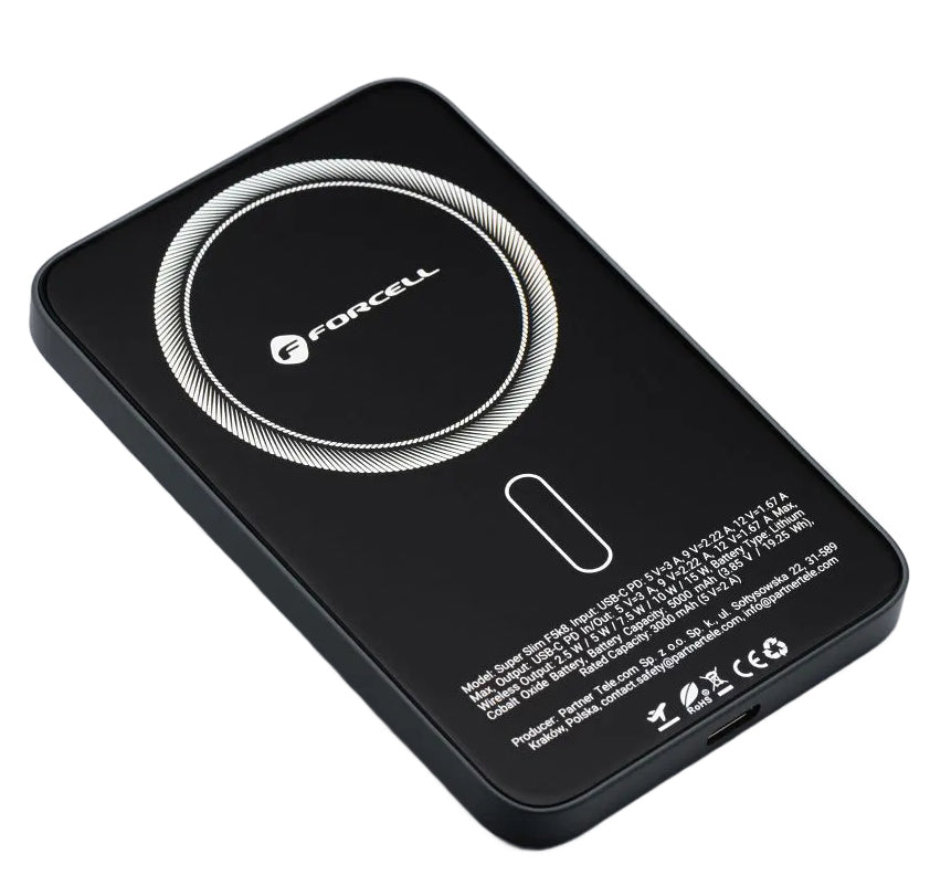 Vanjska bežična baterija Forcell F5K8, 5000mAh, 15W, PD + FQI, 1 x QI - 1 x USB-C, Crna