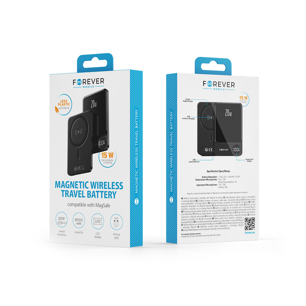 Vanjska baterija Wireless Forever MATB-200, 5000mAh, 20W, PD + FQI, 1 x QI - 1 x USB-C, Crna