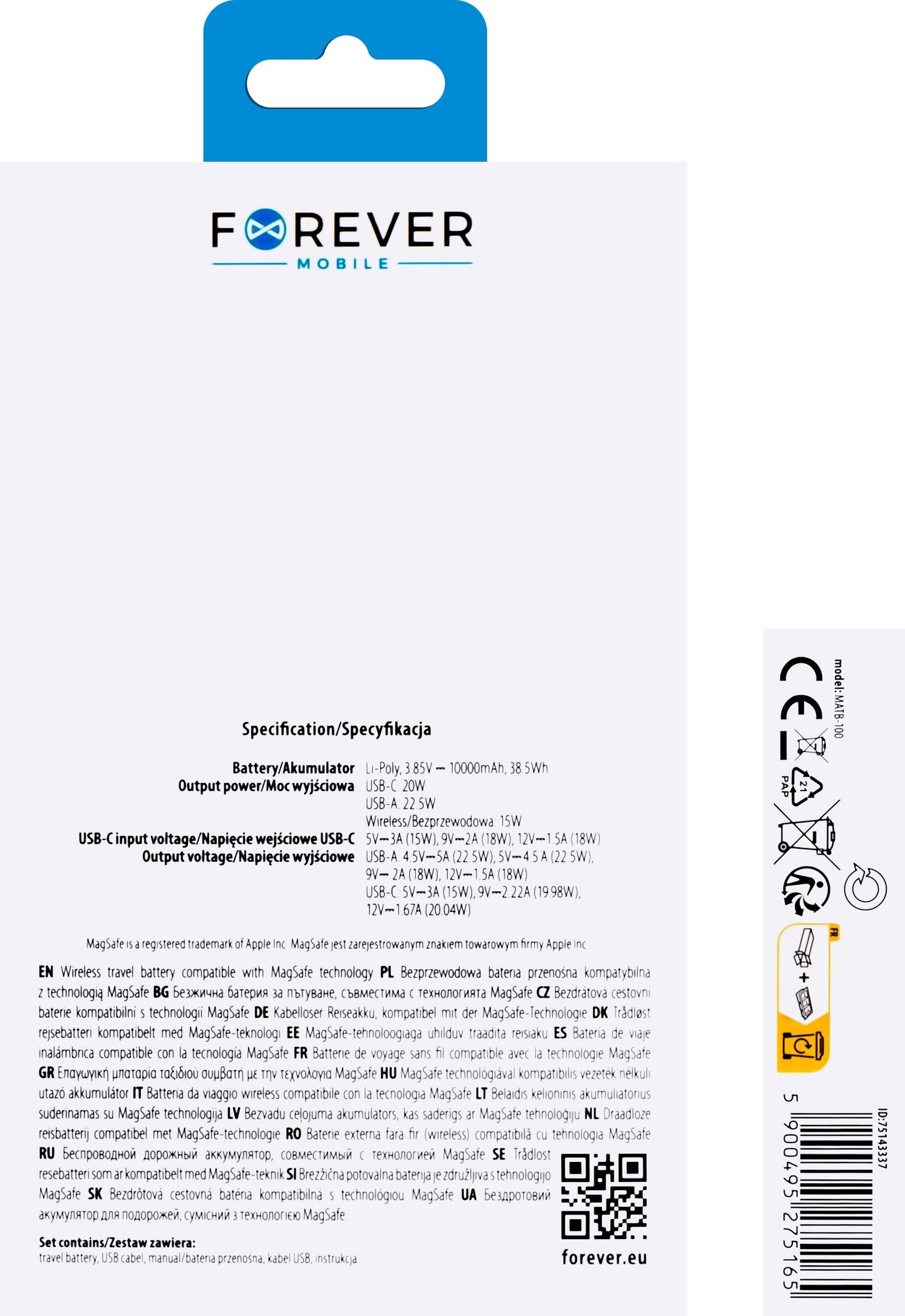 Vanjska baterija Forever MATB-100, bežična, 10000mAh, 22.5W, QC + PD + FQI, 1 x QI - 1 x USB-A - 1 x USB-C, crna