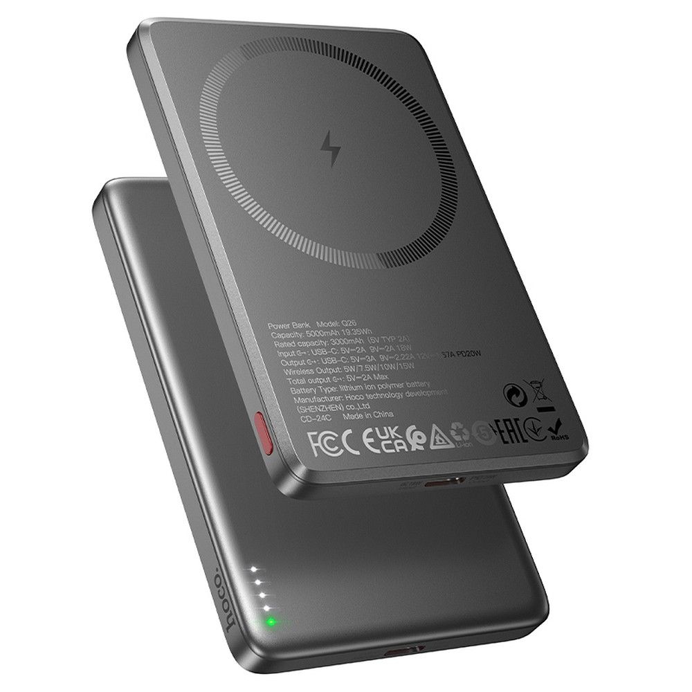Bežična vanjska baterija HOCO Q26, 5000mAh, 20W, PD + FQI, 1 x QI - 1 x USB-C, Siva