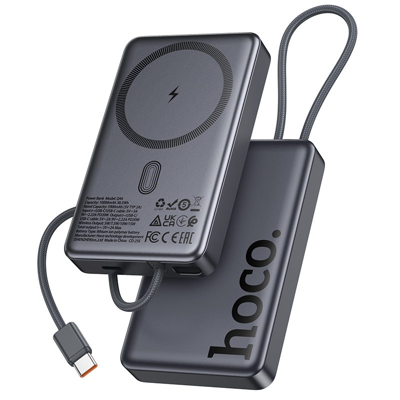 Bežična vanjska baterija HOCO Q44, 10000mAh, 20W, PD + FQI, 1 x QI - 2 x USB-C, Siva