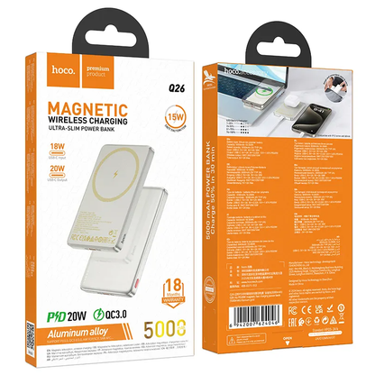 Bežična vanjska baterija HOCO Q26, 5000mAh, 20W, PD + FQI, 1 x QI - 1 x USB-C, Narančasta