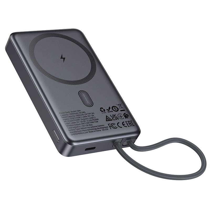 Bežična vanjska baterija HOCO Q44, 10000mAh, 20W, PD + FQI, 1 x QI - 2 x USB-C, Siva