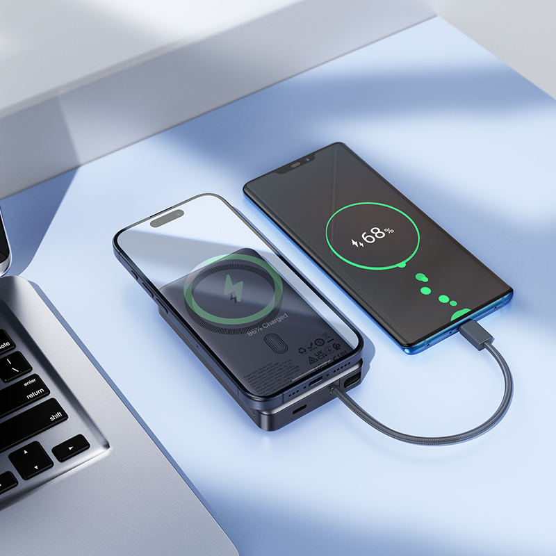 Bežična vanjska baterija HOCO Q44, 10000mAh, 20W, PD + FQI, 1 x QI - 2 x USB-C, Siva