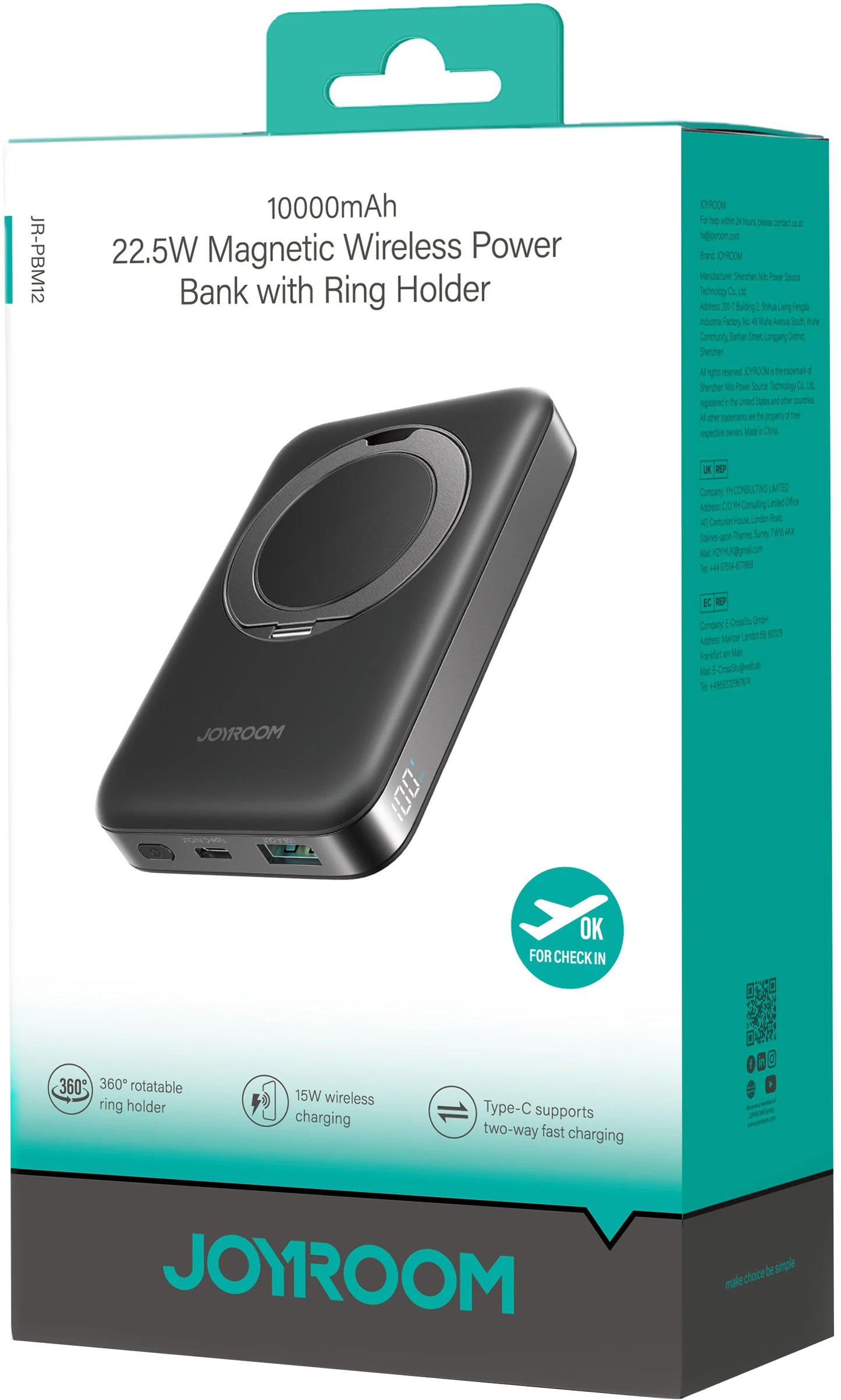 Vanjska baterija Joyroom JR-PBM12, 10000mAh, 22.5W, QC + PD + FQI, 1 x QI - 1 x USB-A - 1 x USB-C, Crna
