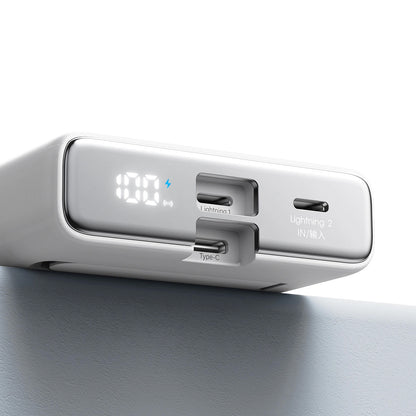 Vanjska bežična baterija Joyroom JR-PBM01, 10000mAh, 20W, QC + PD + FQI, 1 x Lightning - 1 x QI - 1 x USB-C, Bijela