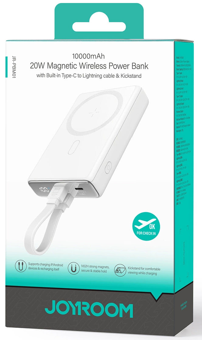 Vanjska bežična baterija Joyroom JR-PBM01, 10000mAh, 20W, QC + PD + FQI, 1 x Lightning - 1 x QI - 1 x USB-C, Bijela
