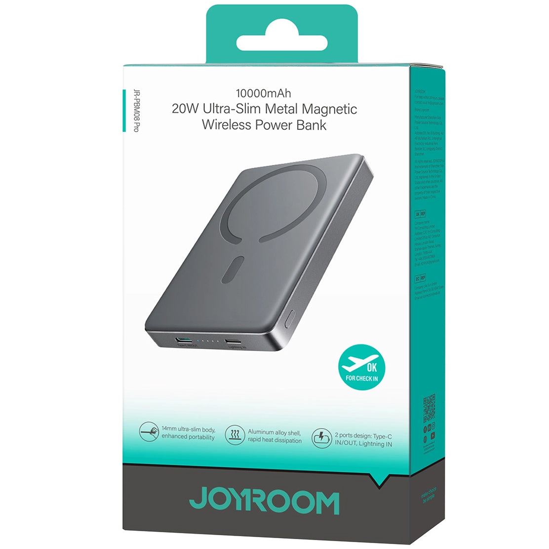 Vanjska baterija Joyroom JR-PBM08 Pro, 10000mAh, 20W, PD + FQI, 1 x QI - 1 x USB-C, Siva