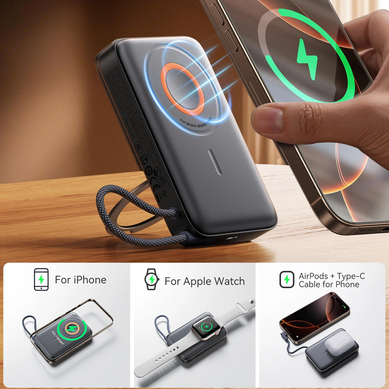 Vanjska bežična baterija Joyroom JR-PBM02, 10000mAh, 22.5W, PD + FQI, 1 x QI - 2 x USB-C, Crna