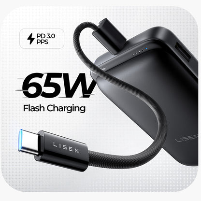 Bežična vanjska baterija Lisen P604, 10000mAh, 65W, QC + PD + FQI, 1 x QI - 1 x USB-A - 1 x USB-C, Crna