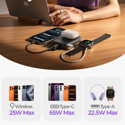 Bežična vanjska baterija Lisen P604, 10000mAh, 65W, QC + PD + FQI, 1 x QI - 1 x USB-A - 1 x USB-C, Crna