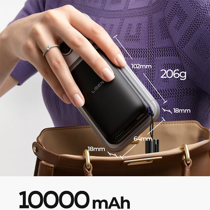 Bežična vanjska baterija Lisen P604, 10000mAh, 65W, QC + PD + FQI, 1 x QI - 1 x USB-A - 1 x USB-C, Crna
