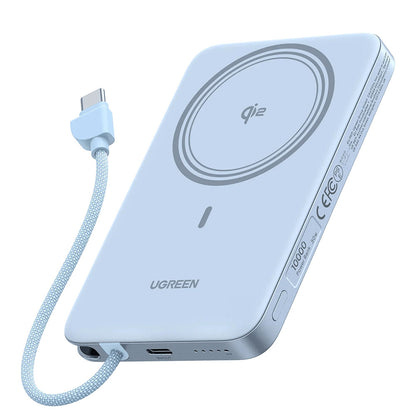 Bežična vanjska baterija UGREEN PB570 (65839B), 10000 mAh, 30 W, PD + FQI, 1 x QI - 2 x USB-C, plava