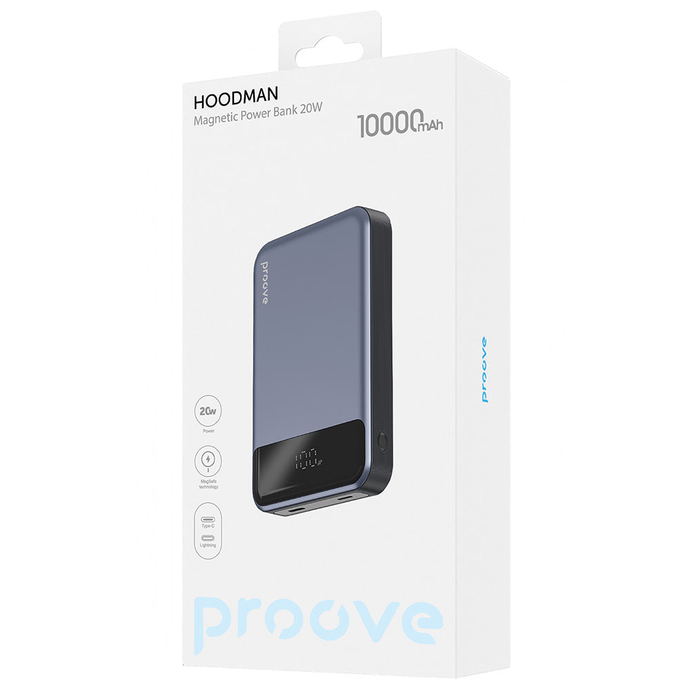 Vanjska baterija Wireless Proove Hoodman, 10000mAh, 20W, PD + FQI, 1 x QI - 1 x USB-C, Siva PBH120010003