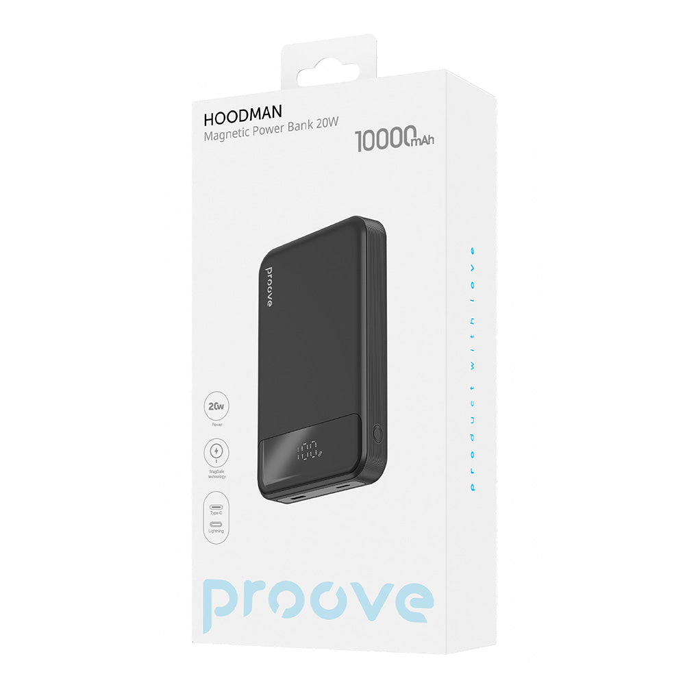 Vanjska baterija Wireless Proove Hoodman, 10000mAh, 20W, PD + FQI, 1 x QI - 1 x USB-C, Crna PBH120010001