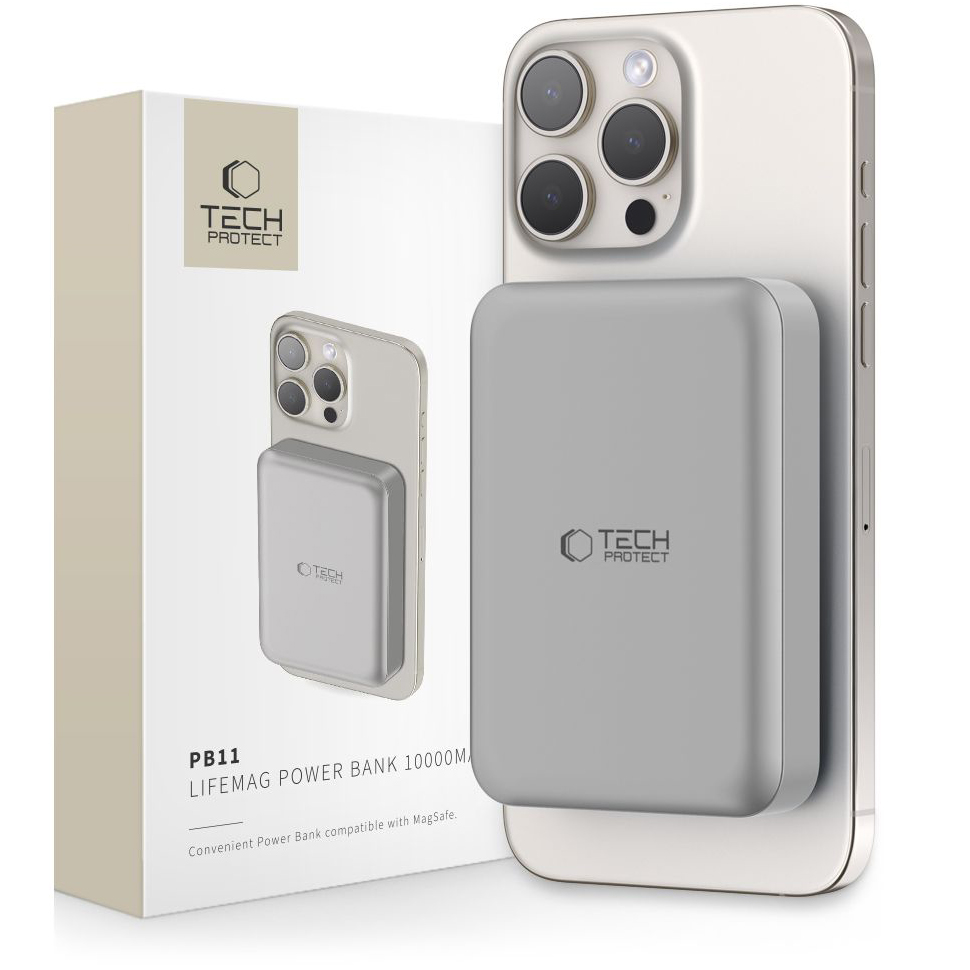 Bežična vanjska baterija Tech-Protect PB11 LifeMag, 10000mAh, 15W, PD + FQI, 1 x QI - 1 x USB-C, Siva, Obnovljena