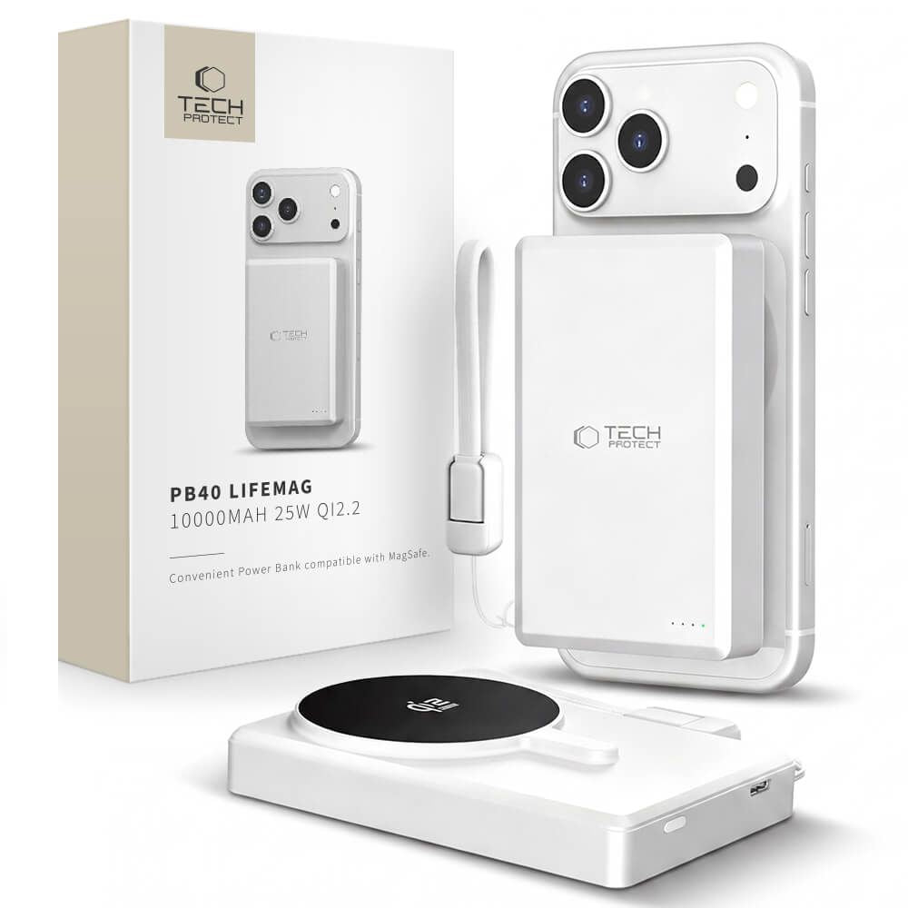 Bežična vanjska baterija Tech-Protect PB40 LifeMag, 10000mAh, 25W, PD + FQI, 1 x QI - 1 x USB-C, Srebrna
