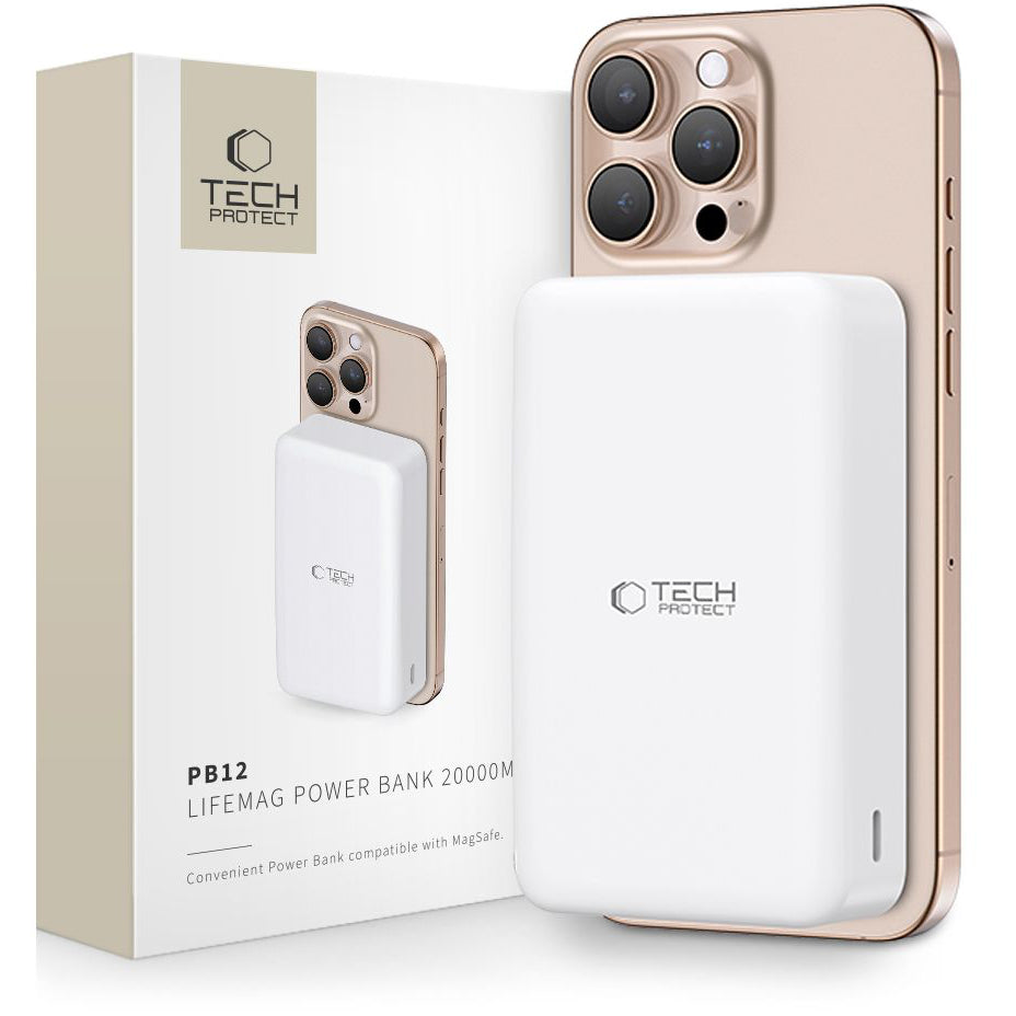Vanjska baterija Wireless Tech-Protect PB12 LifeMag, 20000mAh, 20W, QC + PD + FQI, 1 x QI - 1 x USB-A - 1 x USB-C, Bijela
