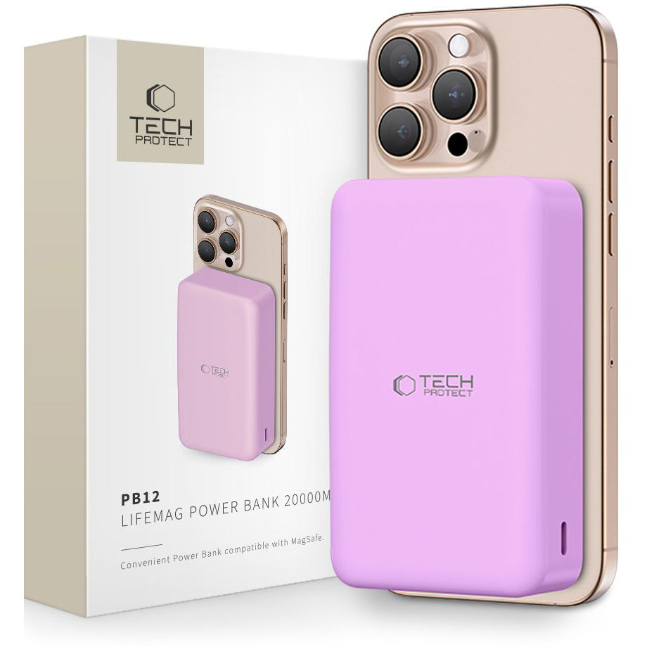 Vanjska baterija Wireless Tech-Protect PB12 LifeMag, 20000mAh, 20W, QC + PD + FQI, 1 x QI - 1 x USB-A - 1 x USB-C, Ljubičasta