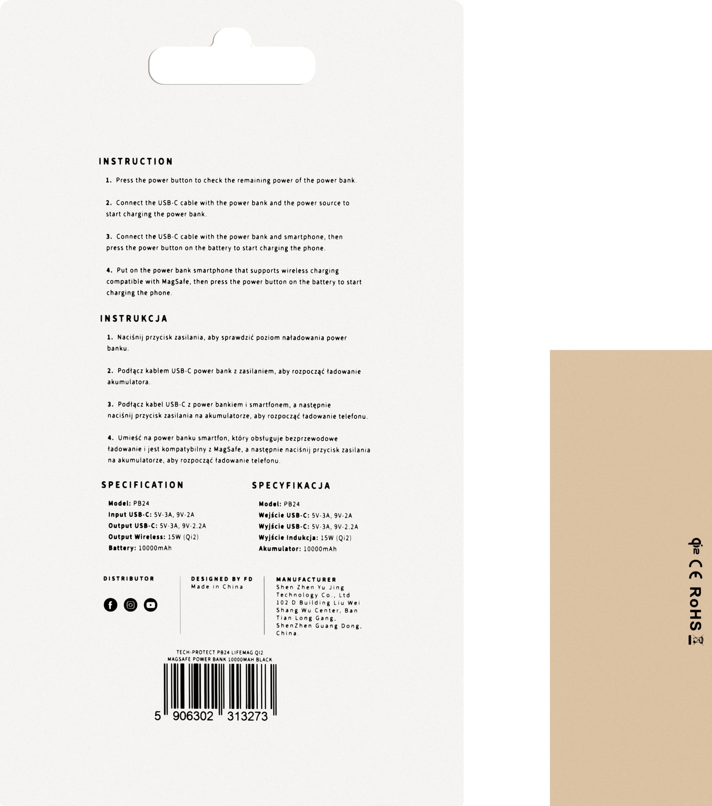 Vanjska baterija Wireless Tech-Protect PB24 LifeMag, 10000mAh, 15W, PD + FQI, 1 x QI - 1 x USB-A - 1 x USB-C, Crna