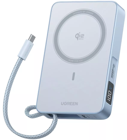 Bežična vanjska baterija UGREEN MagFlow PB773 (65958), 10000mAh, 25W, PD + FQI, 1 x QI - 2 x USB-C, Plava