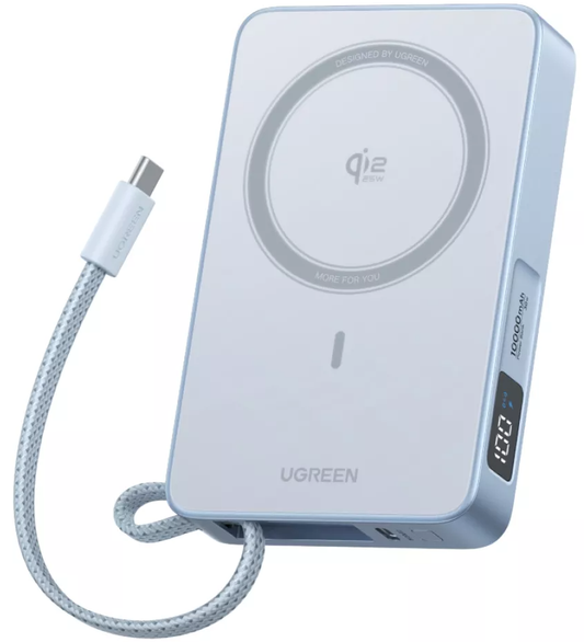 Bežična vanjska baterija UGREEN MagFlow PB773 (65958), 10000mAh, 25W, PD + FQI, 1 x QI - 2 x USB-C, Plava