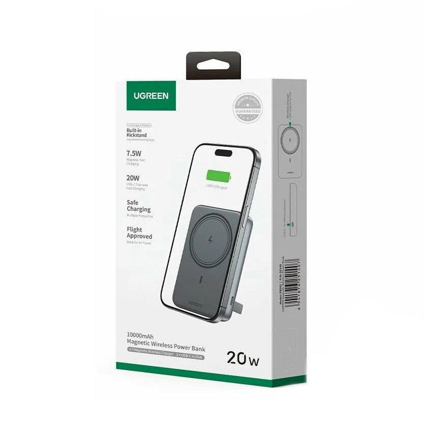 Vanjska bežična baterija UGREEN PB562, 10000mAh, 20W, PD + FQI, 1 x QI - 1 x USB-C, Crna