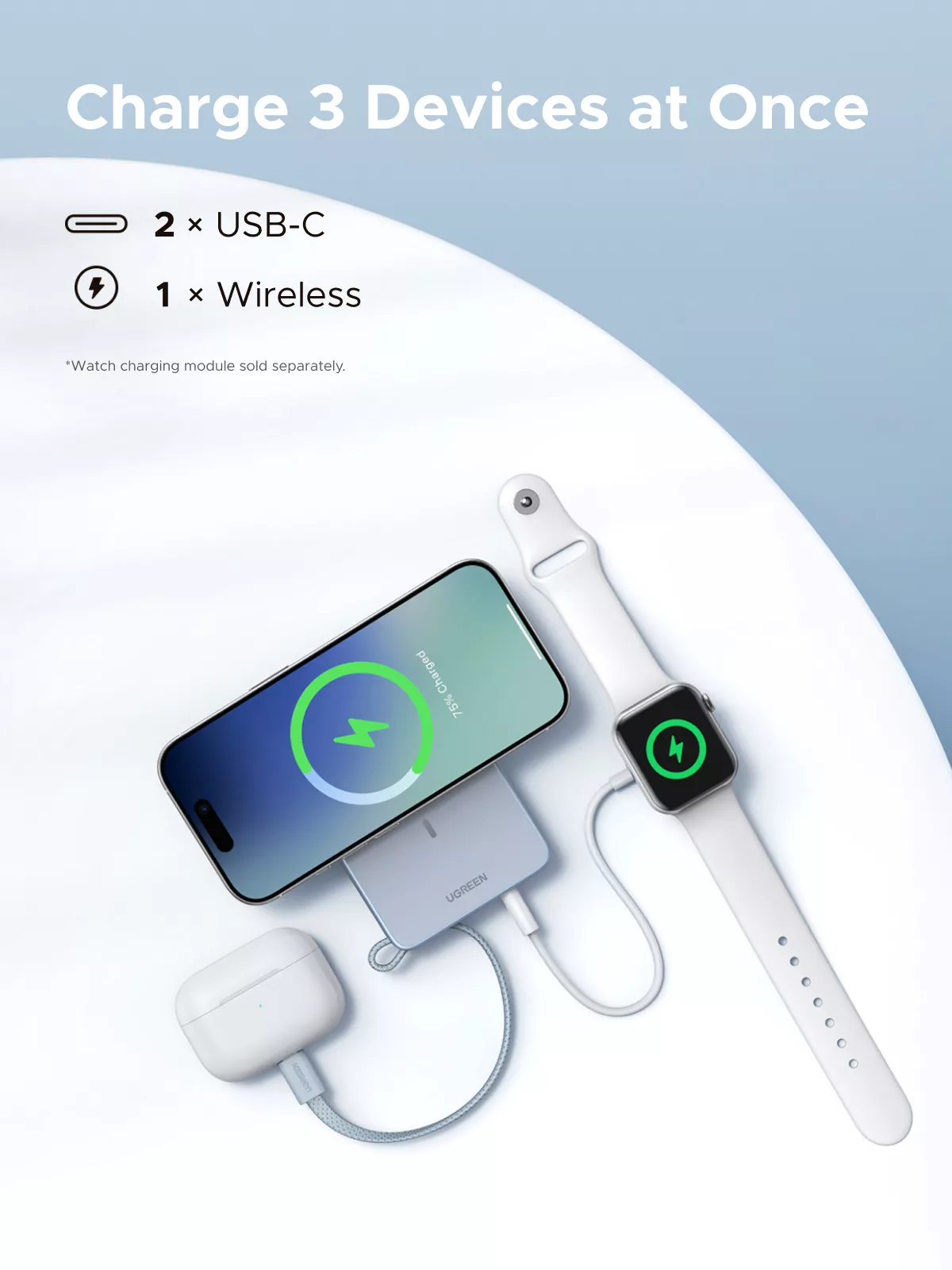 Bežična vanjska baterija UGREEN MagFlow PB773 (65958), 10000mAh, 25W, PD + FQI, 1 x QI - 2 x USB-C, Plava