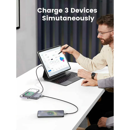 Vanjska bežična baterija UGREEN PB206, 10000mAh, 20W, QC + PD + FQI, 1 x QI - 1 x USB-A - 1 x USB-C, siva