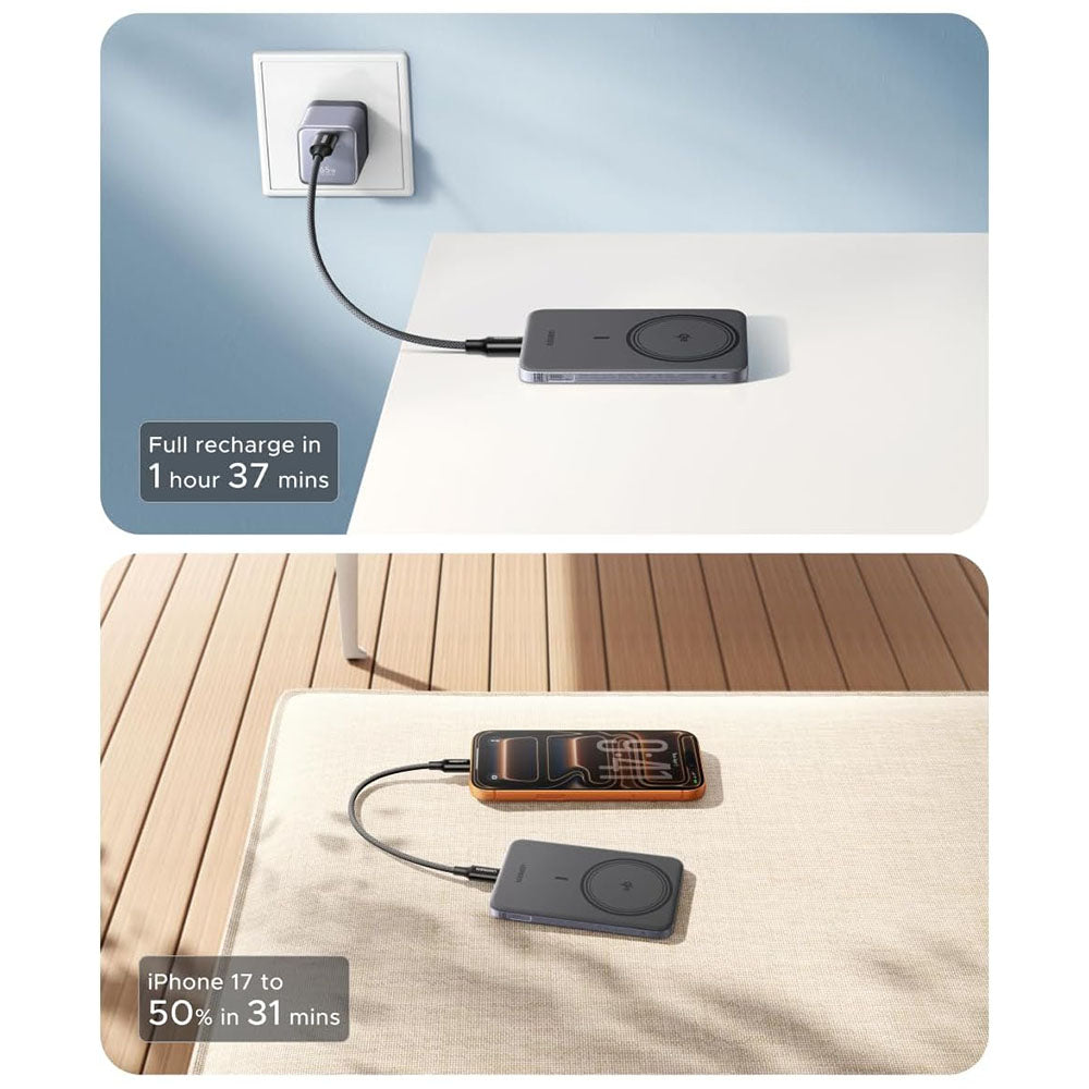 Bežična vanjska baterija UGREEN PB580 (75984B), 5000mAh, 15W, PD + FQI, 1 x QI - 1 x USB-C, Siva