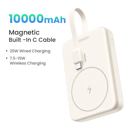 Vanjska bežična baterija UGREEN PB760, 10000mAh, 20W, PD + FQI, 1 x QI - 1 x USB-C, Bež