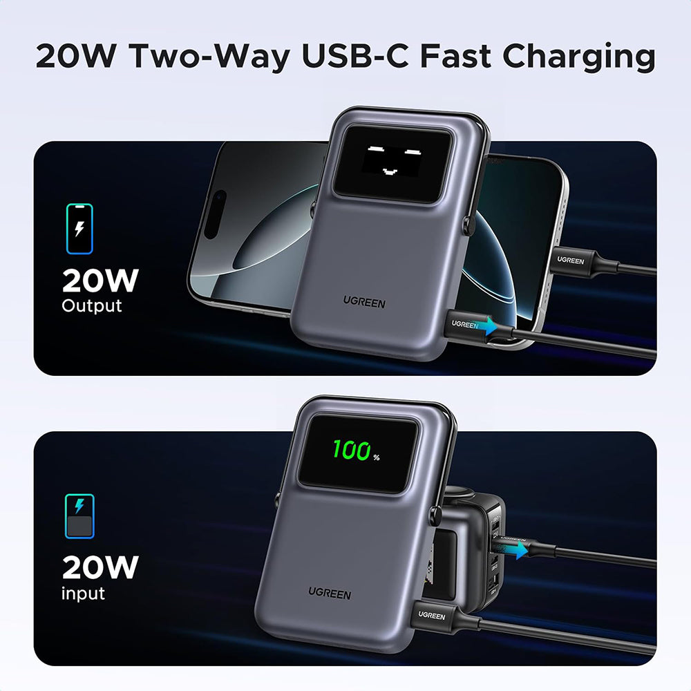 Vanjska bežična baterija UGREEN PB764 Uno, 10000mAh, 20W, PD + FQI, 1 x QI - 1 x USB-C, Siva