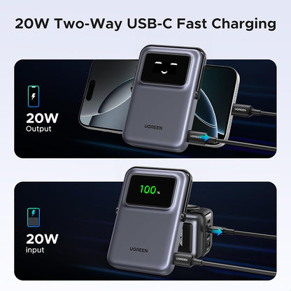 Vanjska bežična baterija UGREEN PB764 Uno, 10000mAh, 20W, PD + FQI, 1 x QI - 1 x USB-C, Siva