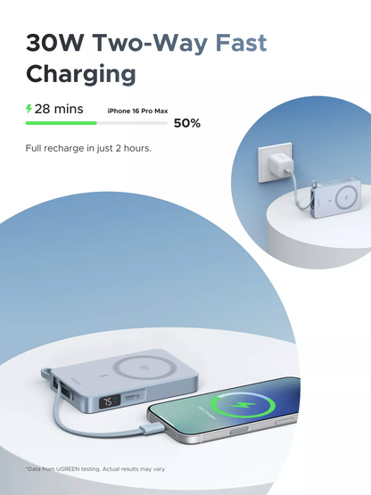 Bežična vanjska baterija UGREEN MagFlow PB773 (65958), 10000mAh, 25W, PD + FQI, 1 x QI - 2 x USB-C, Plava
