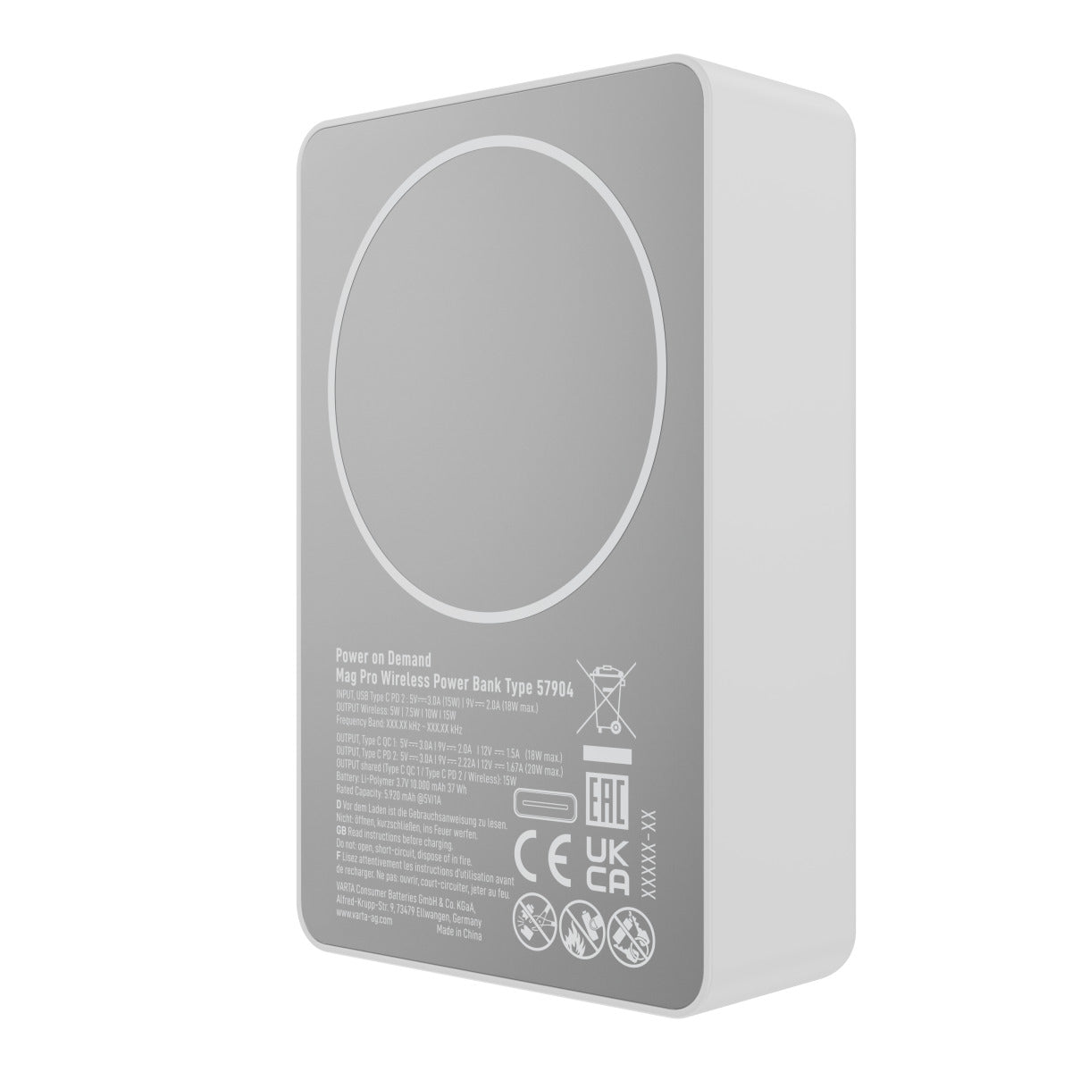 Vanjska bežična baterija Varta Mag Pro, 10000mAh, 20W, 1 x QI - 2 x USB-C, Bijela