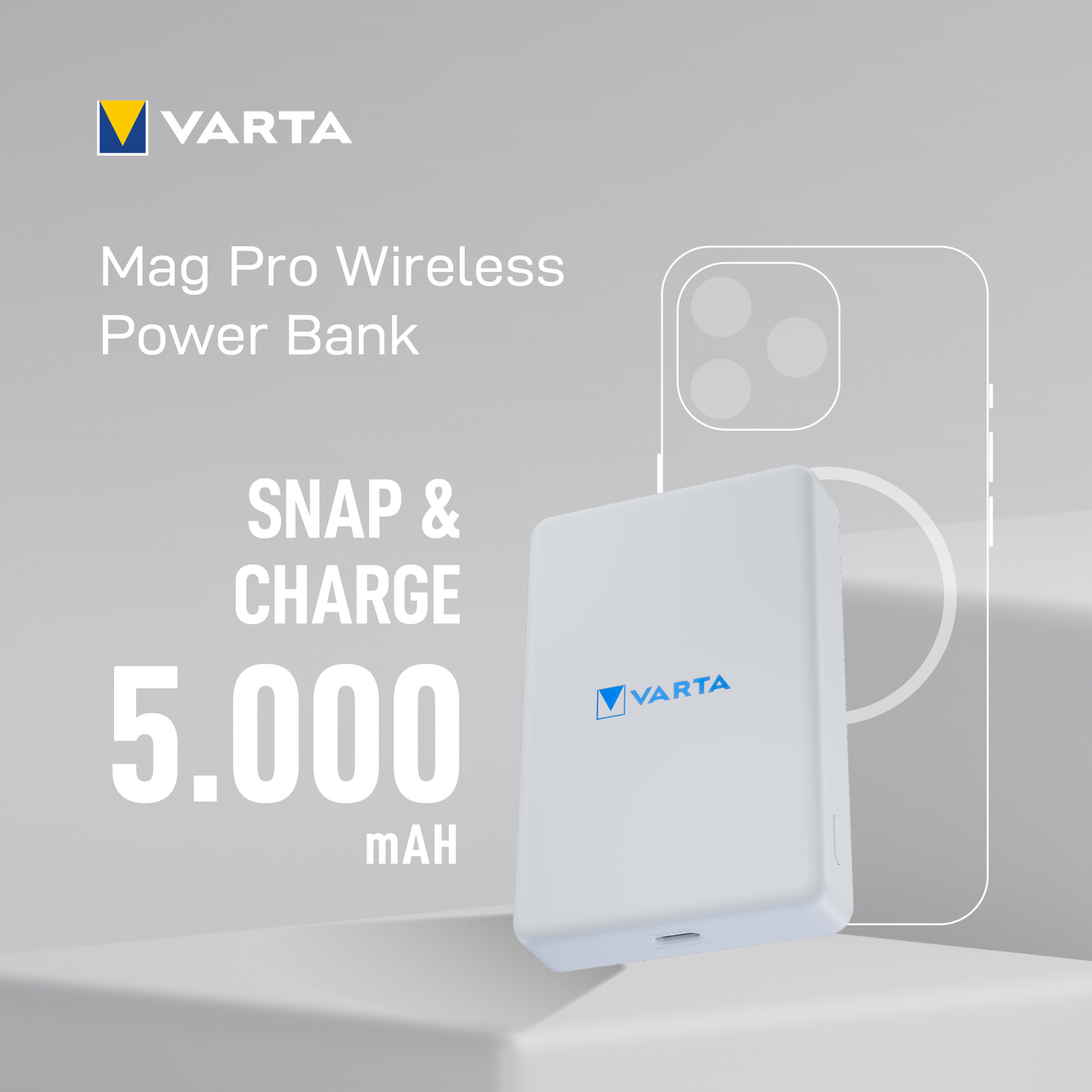 Vanjska bežična baterija Varta Mag Pro, 5000mAh, 12W, 1 x QI - 1 x USB-C, Bijela
