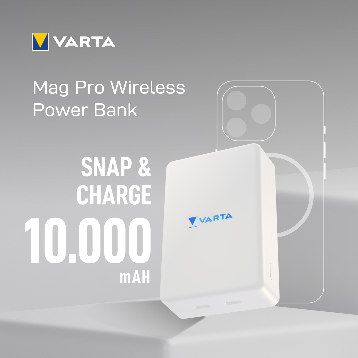 Vanjska bežična baterija Varta Mag Pro, 10000mAh, 20W, 1 x QI - 2 x USB-C, Bijela