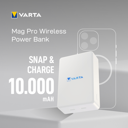Vanjska bežična baterija Varta Mag Pro, 10000mAh, 20W, 1 x QI - 2 x USB-C, Bijela
