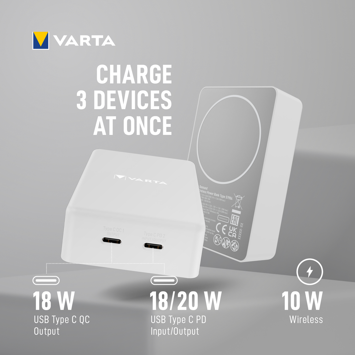 Vanjska bežična baterija Varta Mag Pro, 10000mAh, 20W, 1 x QI - 2 x USB-C, Bijela