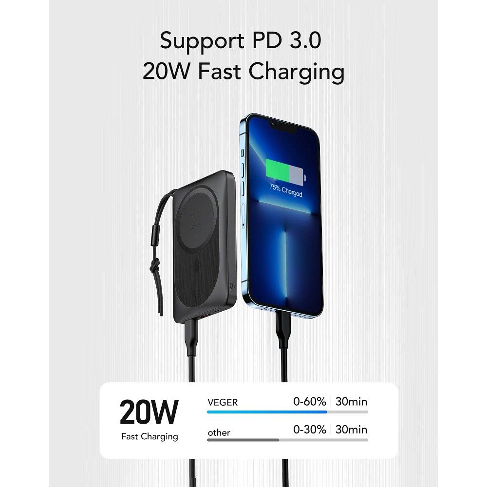 Vanjska bežična baterija Veger VP1151 / W1151, 10000mAh, 22.5W, QC + PD + FQI, 1 x QI - 1 x USB-A - 1 x USB-C, Crna