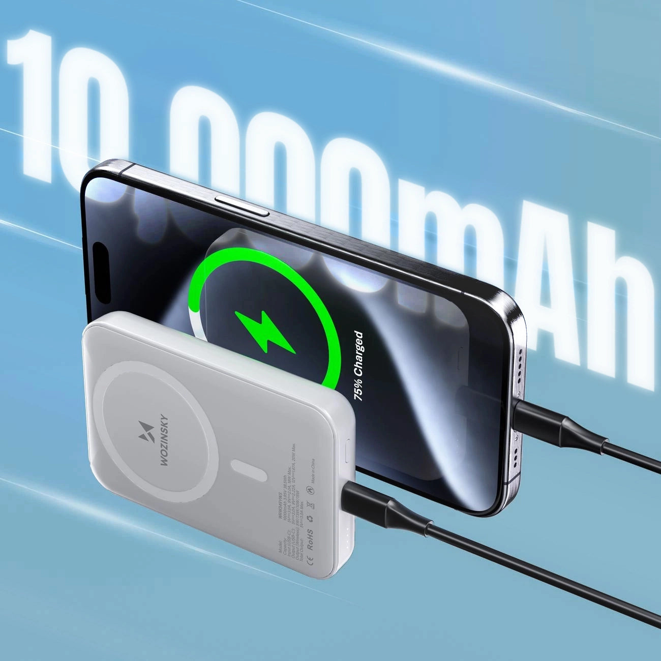 Vanjska bežična baterija WZK WRW349YWS, 10000mAh, 20W, PD + FQI, 1 x QI - 1 x USB-C, Bijela