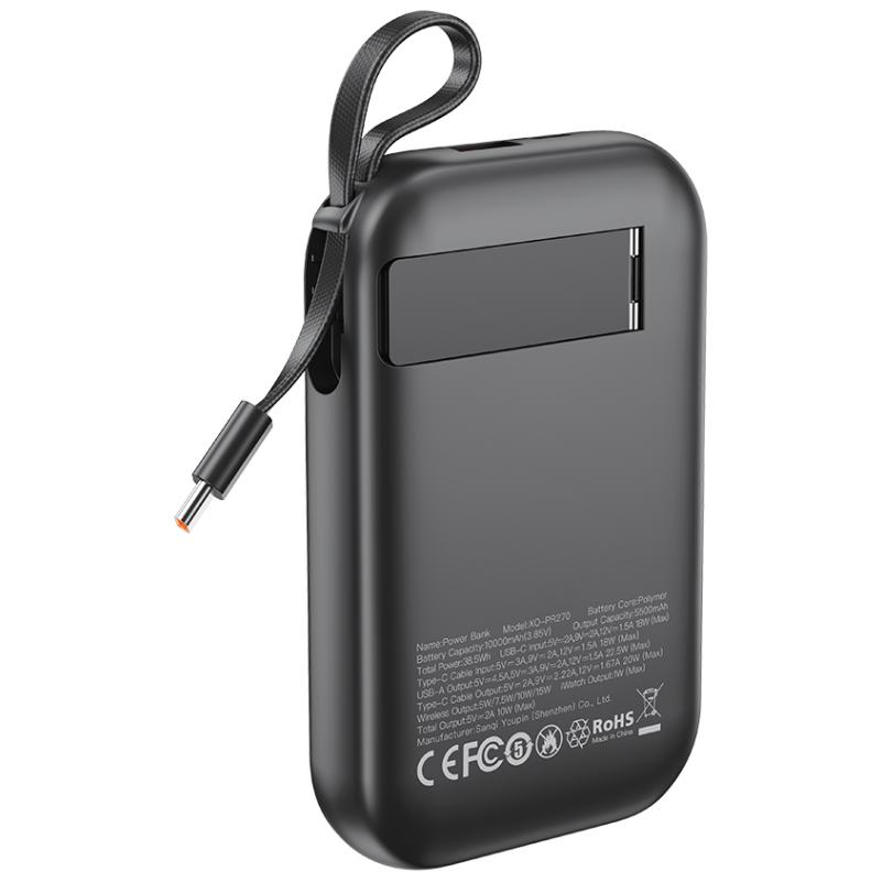 Vanjska baterija Wireless XO Design PR270, 10000mAh, 22.5W, QC + PD + QI, 1 x QI - 1 x USB-A - 1 x USB-C, Crna