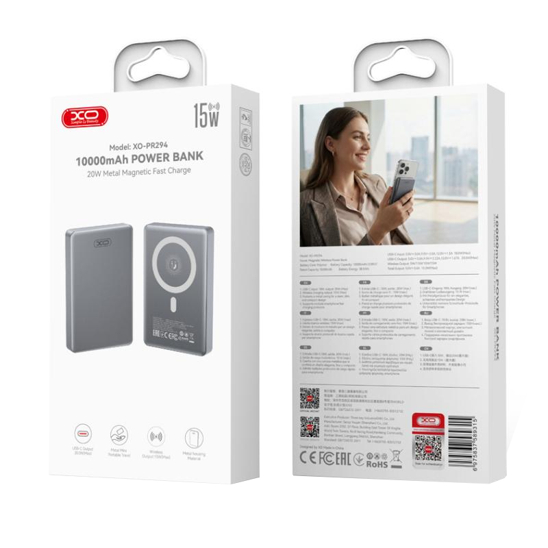 Bežična vanjska baterija XO Design PR294, 10000mAh, 20W, PD + FQI, 1 x QI - 1 x USB-C, Siva