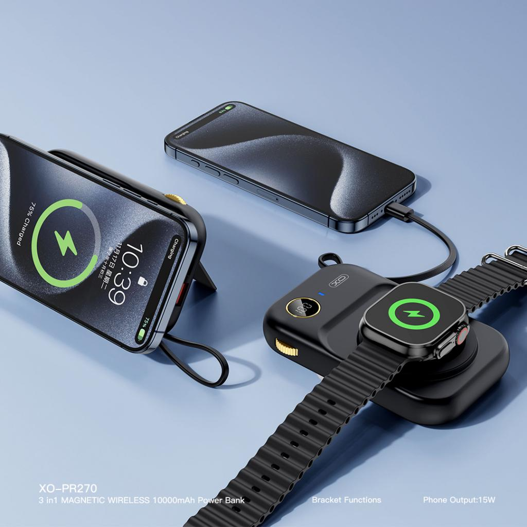 Vanjska baterija Wireless XO Design PR270, 10000mAh, 22.5W, QC + PD + QI, 1 x QI - 1 x USB-A - 1 x USB-C, Crna