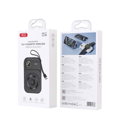 Vanjska baterija Wireless XO Design PR270, 10000mAh, 22.5W, QC + PD + QI, 1 x QI - 1 x USB-A - 1 x USB-C, Crna