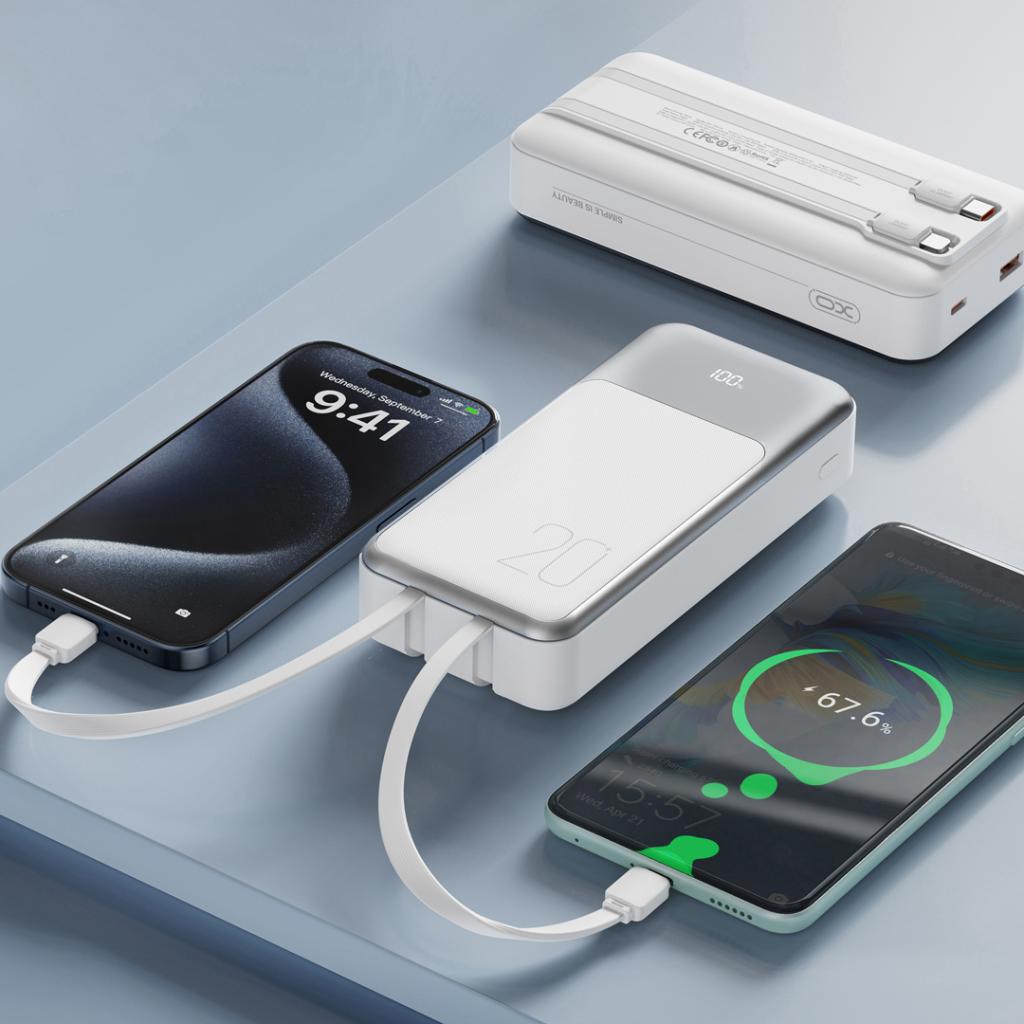 Vanjska baterija XO Design PR249, 20000mAh, 22.5W, QC + PD, 1 x Lightning - 1 x USB-A - 2 x USB-C, Bijela