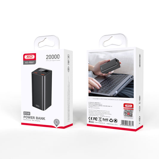 Vanjska baterija XO Design PB97, 20000mAh, 65W, QC + PD, 2 x USB-A - 2 x USB-C, Crna