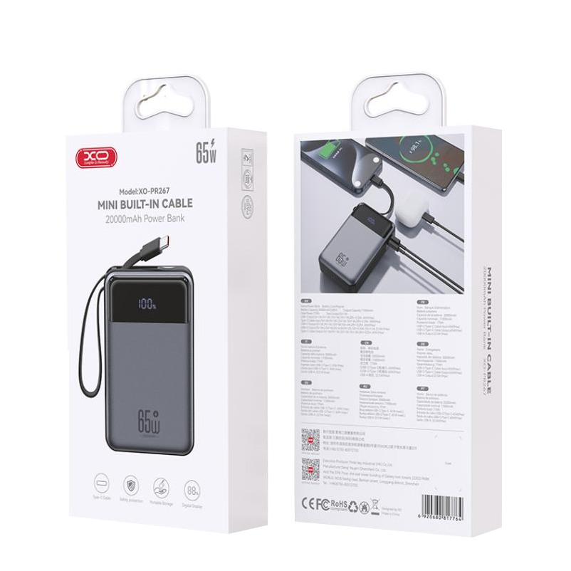 Vanjska baterija XO Design PR267, 20000mAh, 65W, QC + PD, 1 x USB-A - 2 x USB-C, Siva