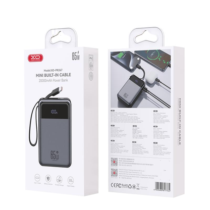 Vanjska baterija XO Design PR267, 20000mAh, 65W, QC + PD, 1 x USB-A - 2 x USB-C, Siva