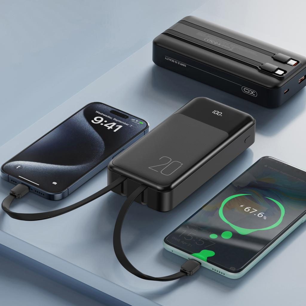 Vanjska baterija XO Design PR249, 20000mAh, 22.5W, QC + PD, 1 x Lightning - 1 x USB-A - 2 x USB-C, Crna